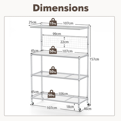 Dimensions diagram for the silver bakers rack on wheels, showing height, width, and depth measurements