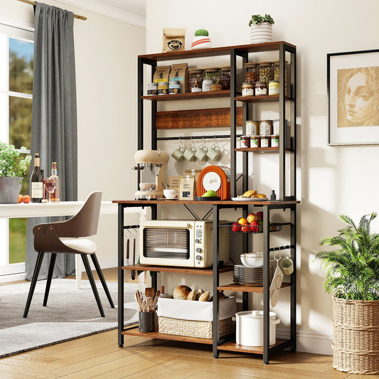 The bakers rack with power outlet is shown in a kitchen setting with a microwave and coffee machine