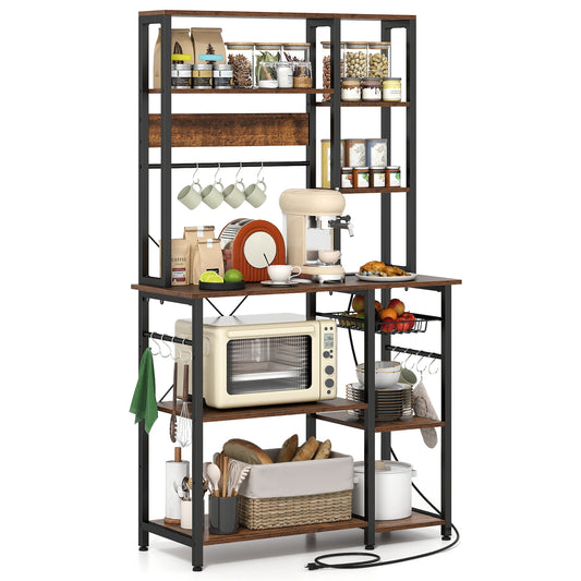Bakers Rack with Power Outlet 9-Tier Microwave Stand with wooden open shelves in rustic brown