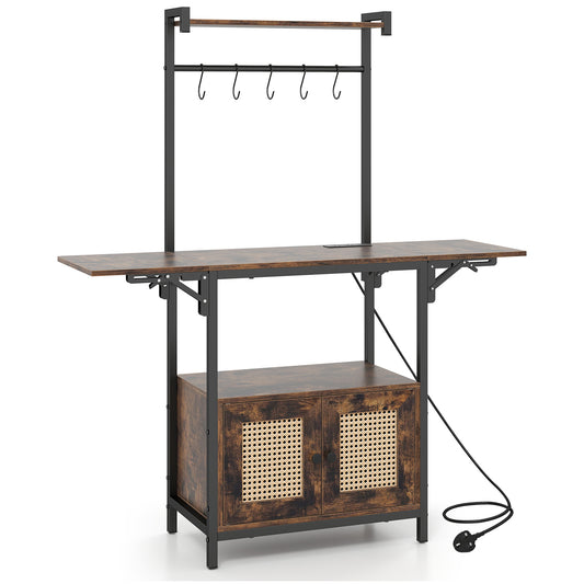 Bakers Rack with Power Outlets, a rustic brown metal bakers rack with drop leaf sides and a two-door cabinet
