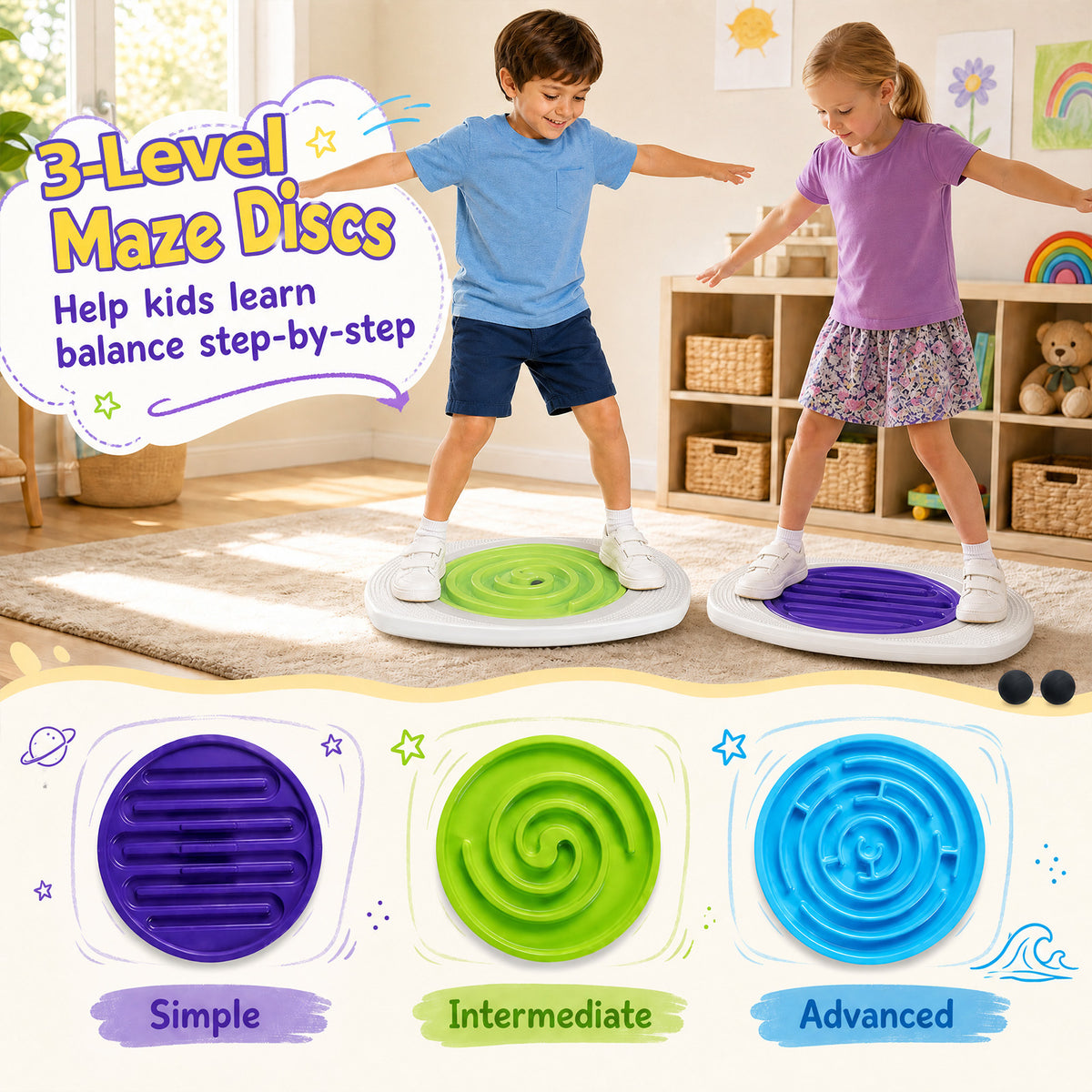 Three levels of maze discs for the toy sports balance board: simple, intermediate and advanced