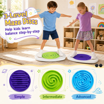Three levels of maze discs for the toy sports balance board: simple, intermediate and advanced