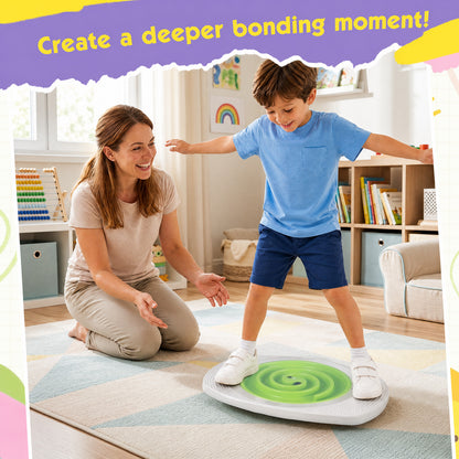 A mother and child bonding while playing on the toy sports balance board in a living room