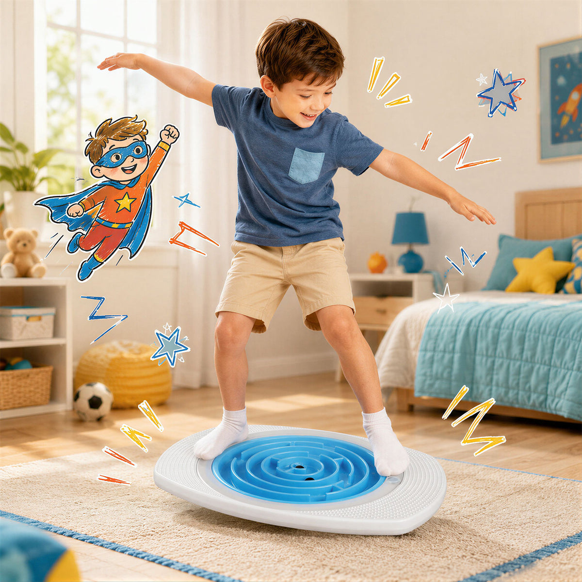 The toy sports balance board in a child's bedroom with a boy playing and colourful drawings on the wall
