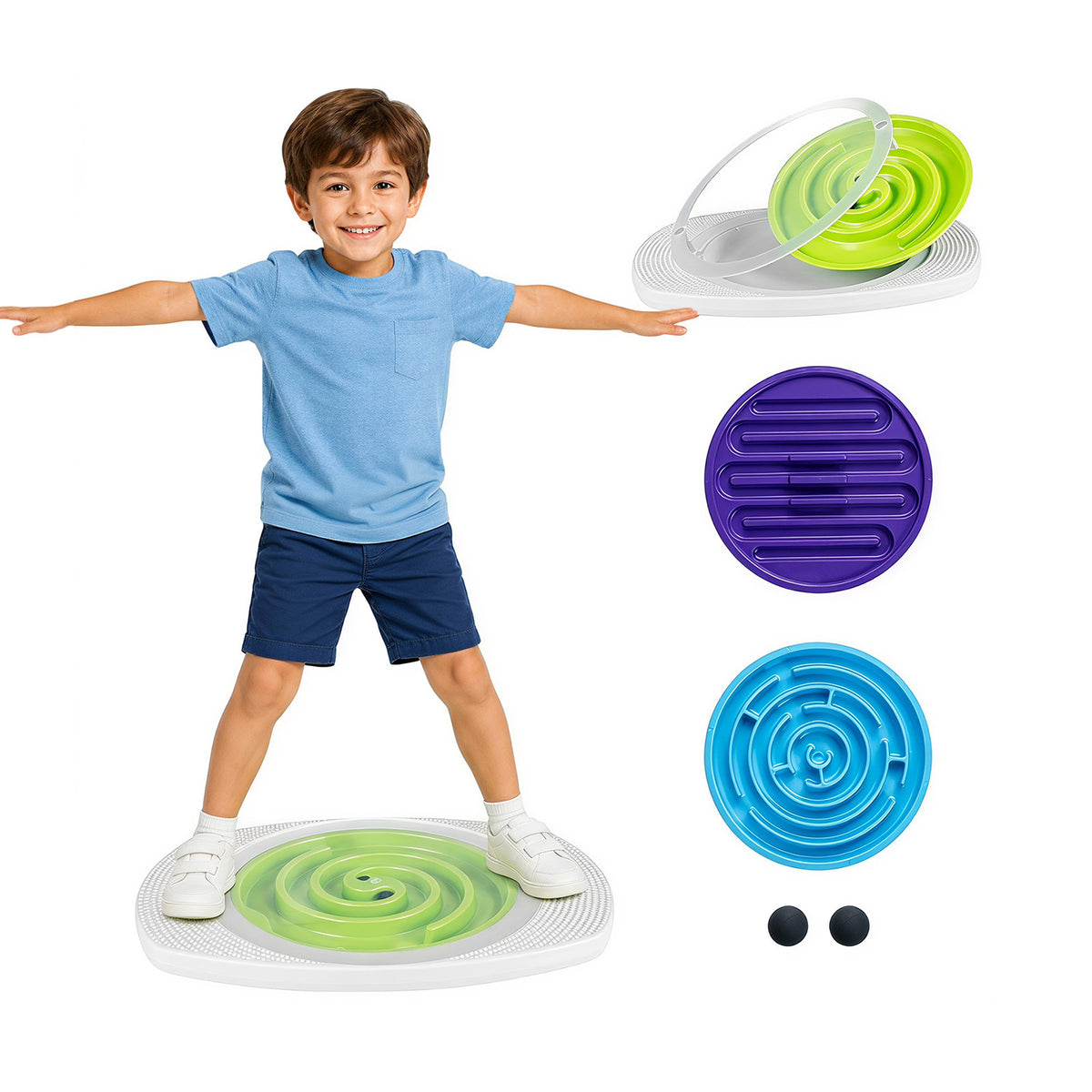 Balance Board for Kids with 3 Maze Discs and 2 Balls, a boy balancing on the white board with a green maze disc