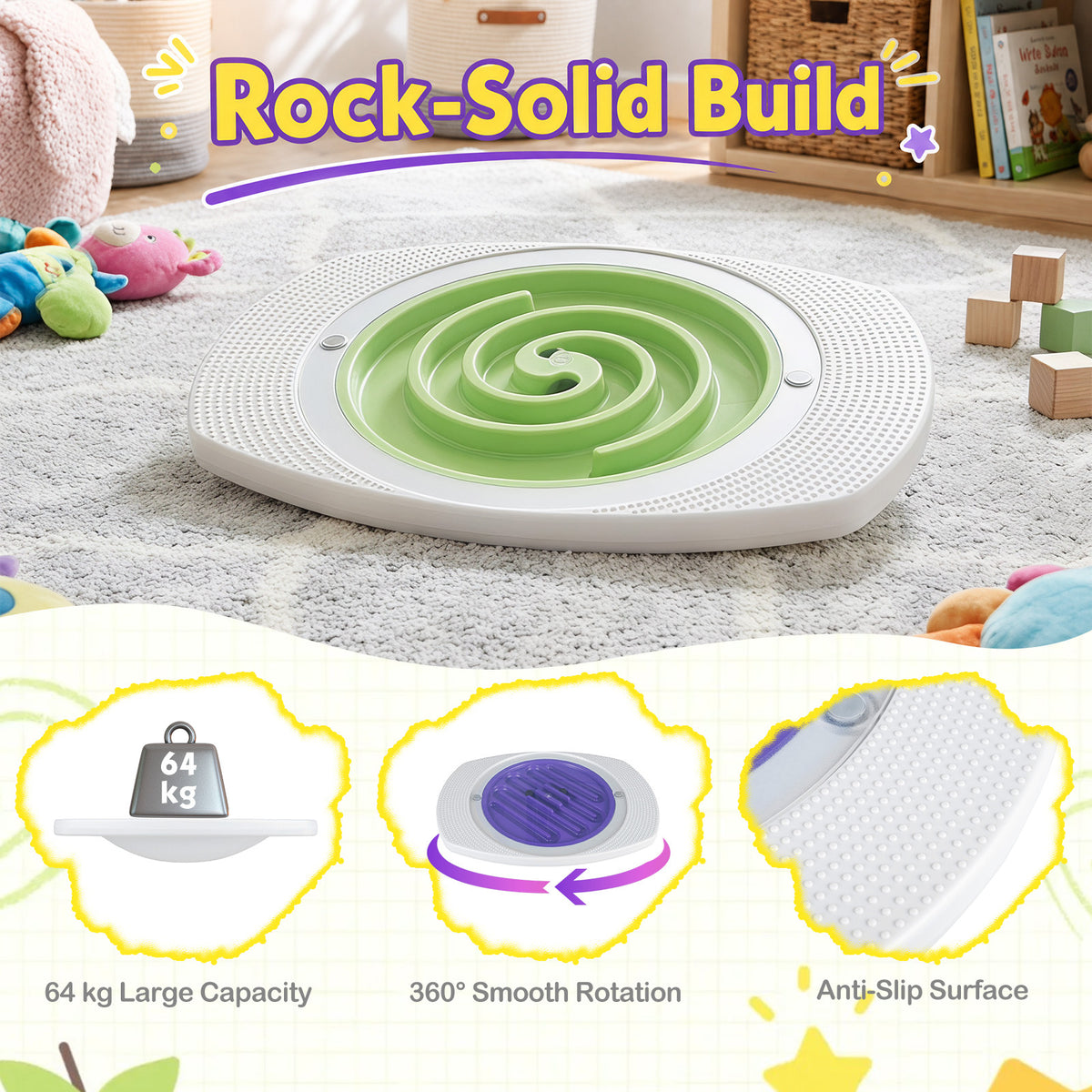 Close up of the toy sports balance board showing its anti-slip surface and rotation