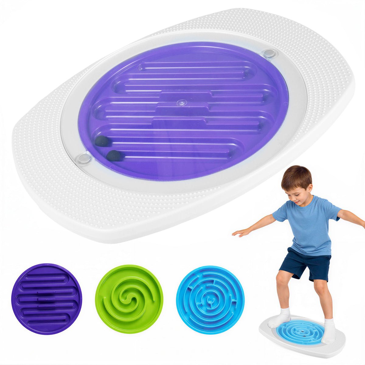 A child balancing on the toy sports balance board with purple maze disc and two balls