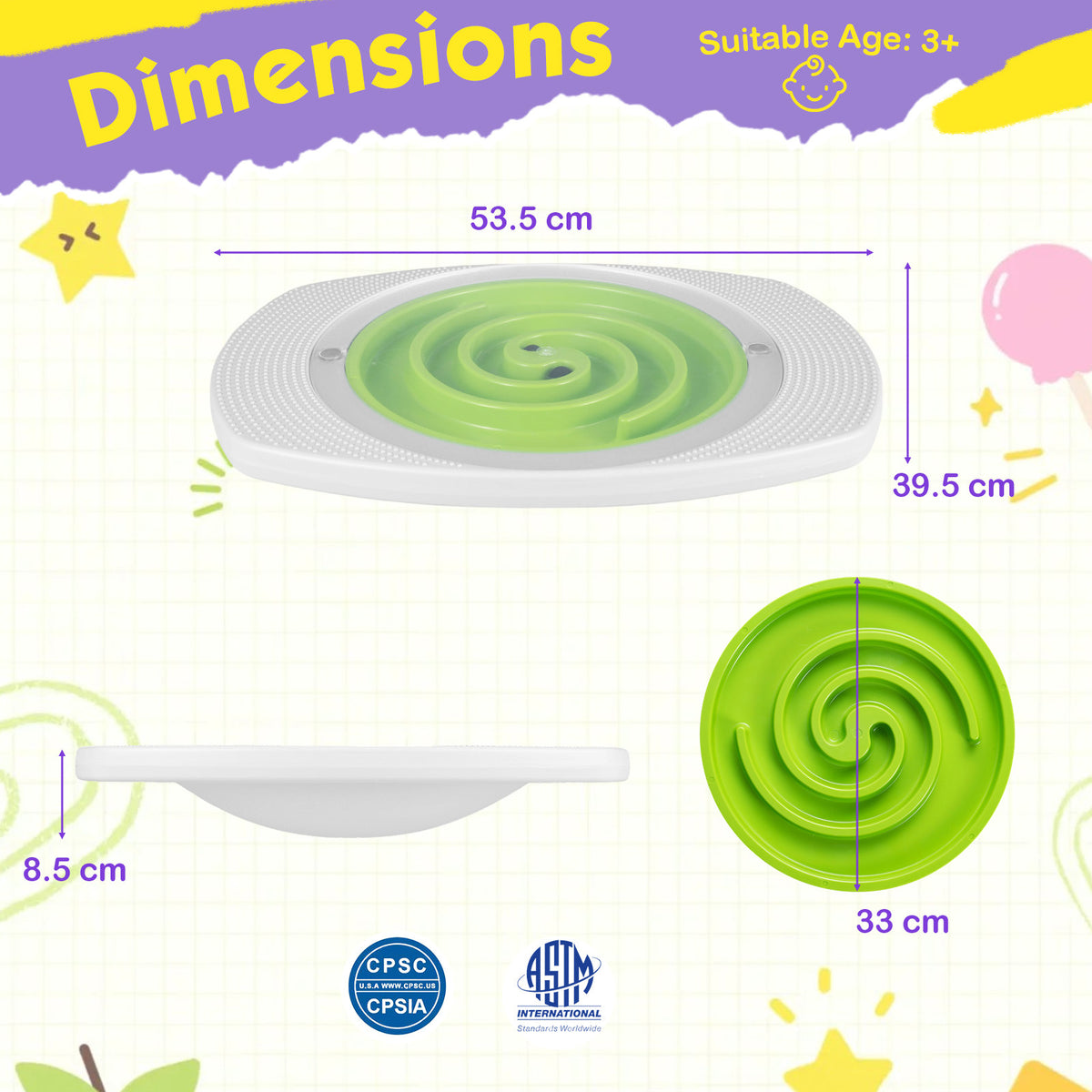 Dimensions diagram showing the toy sports balance board with measurements and age suitability