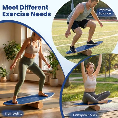 Collage showing different exercise possibilities with the balance board and roller