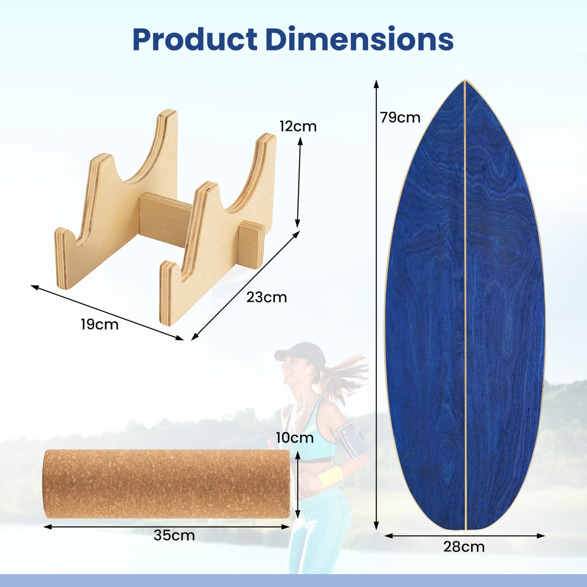 Diagram showing the dimensions of the wooden balance board and cork roller