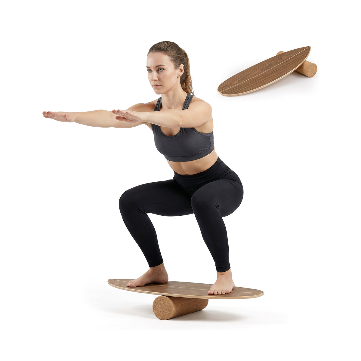 The sport equipment being used by a woman doing a squat exercise on a white background
