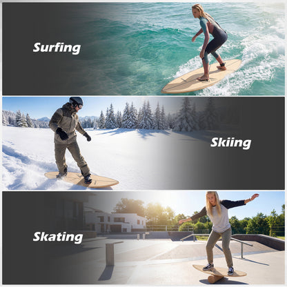 Collage showing people surfing, skiing, and skating using the balance board trainer