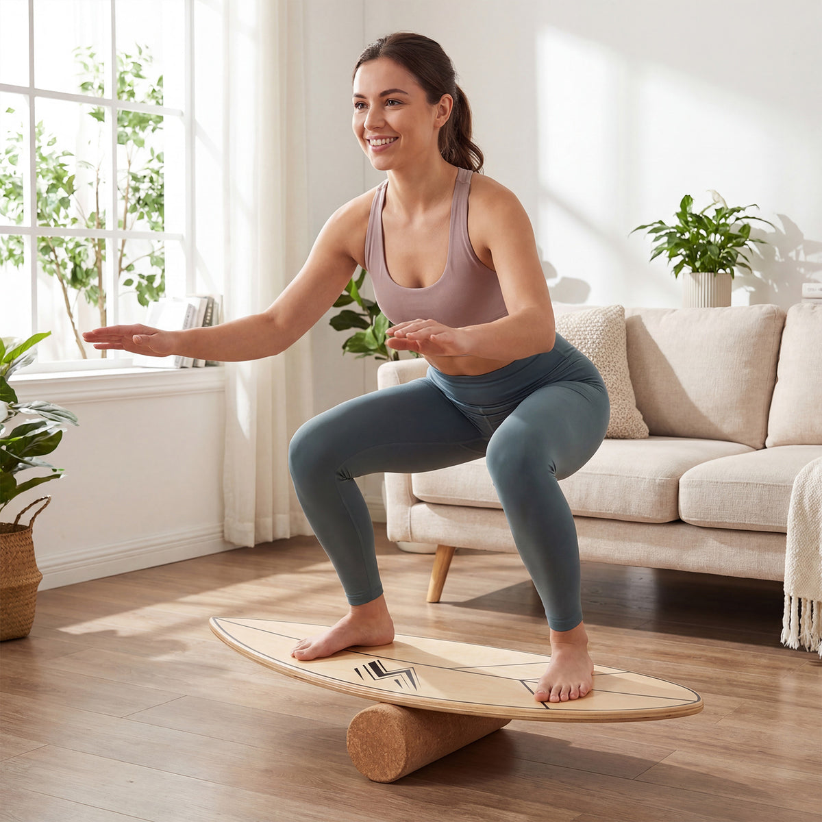 Woman performing a squat on the balance board trainer with roller in a living room