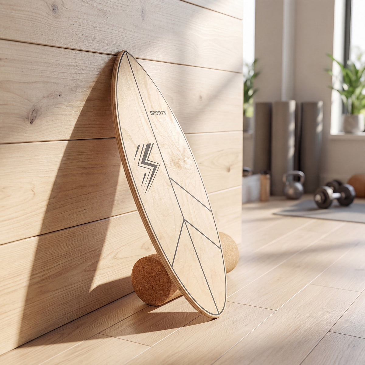 The balance board trainer with roller leaning against a wooden wall in a room with yoga mats