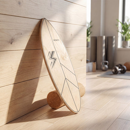 The balance board trainer with roller leaning against a wooden wall in a room with yoga mats