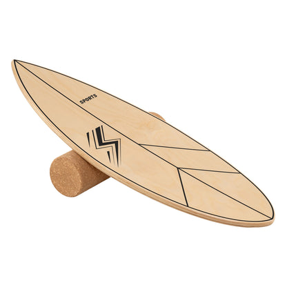 Balance Board Trainer with Roller Fun Workout Equipment, a wooden board with a graphic design resting on a cork roller