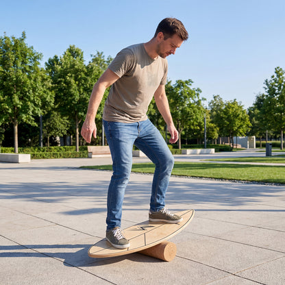 Man using the balance board trainer with roller for a workout outdoors on a paved path