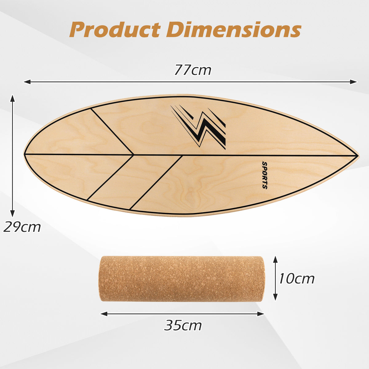 Product dimensions diagram showing the balance board trainer and roller with measurements