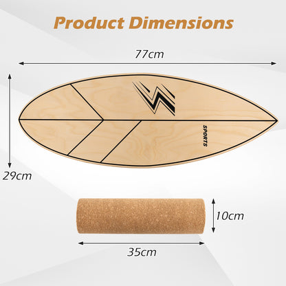 Product dimensions diagram showing the balance board trainer and roller with measurements
