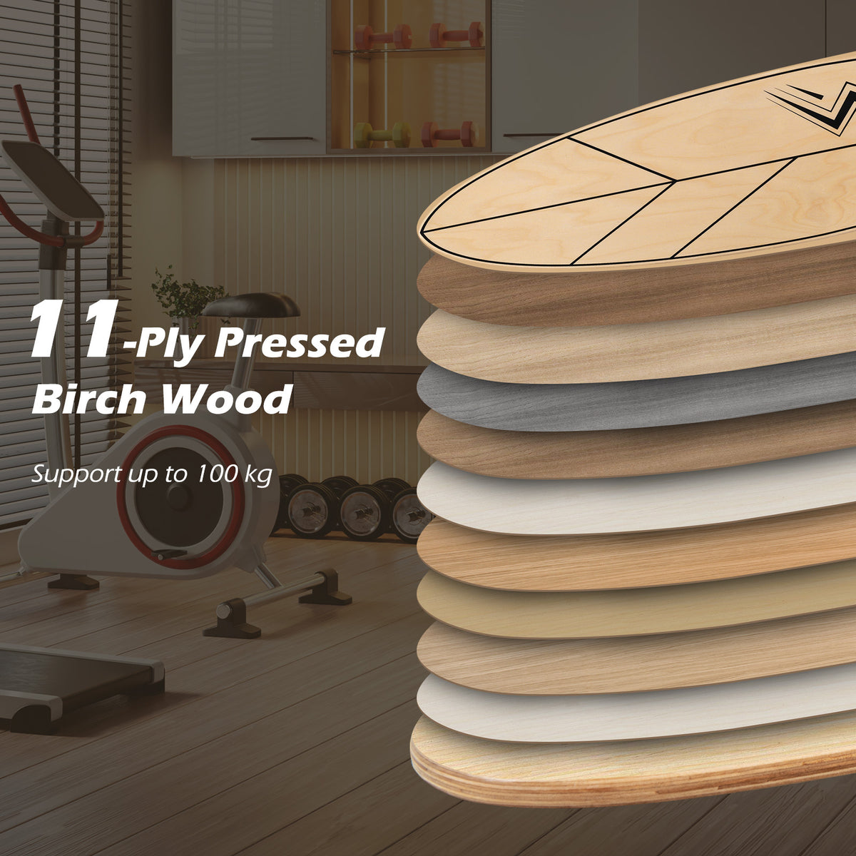 Close-up of the layered birch wood construction of the balance board trainer