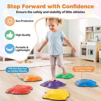 A child stepping on colourful stones with text about features