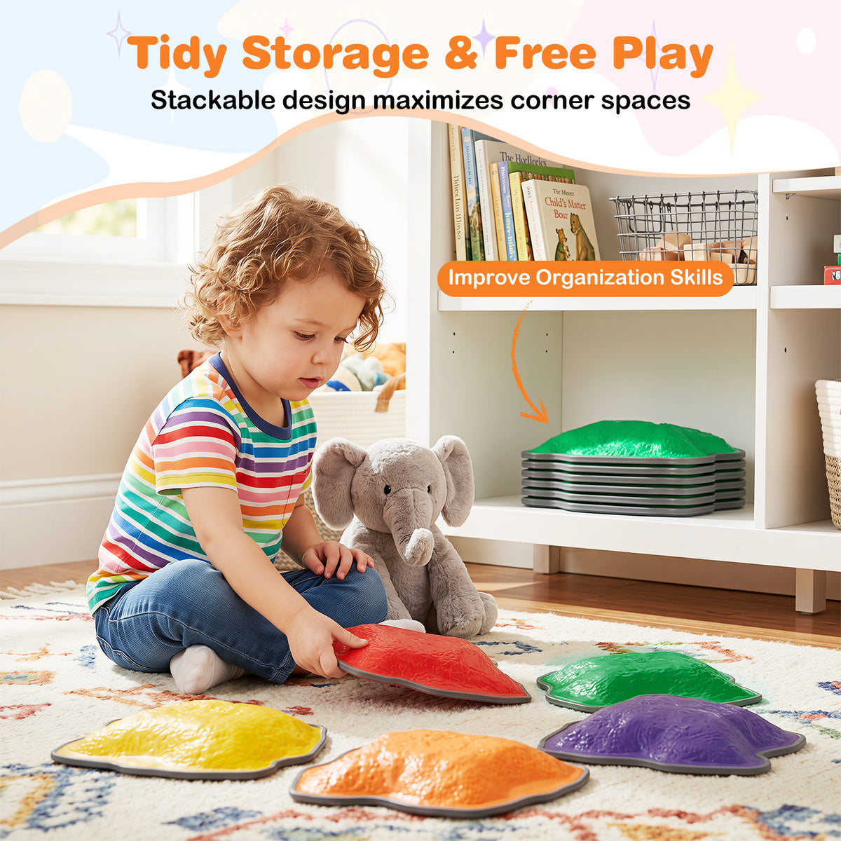 A child stacking the stepping stones for storage