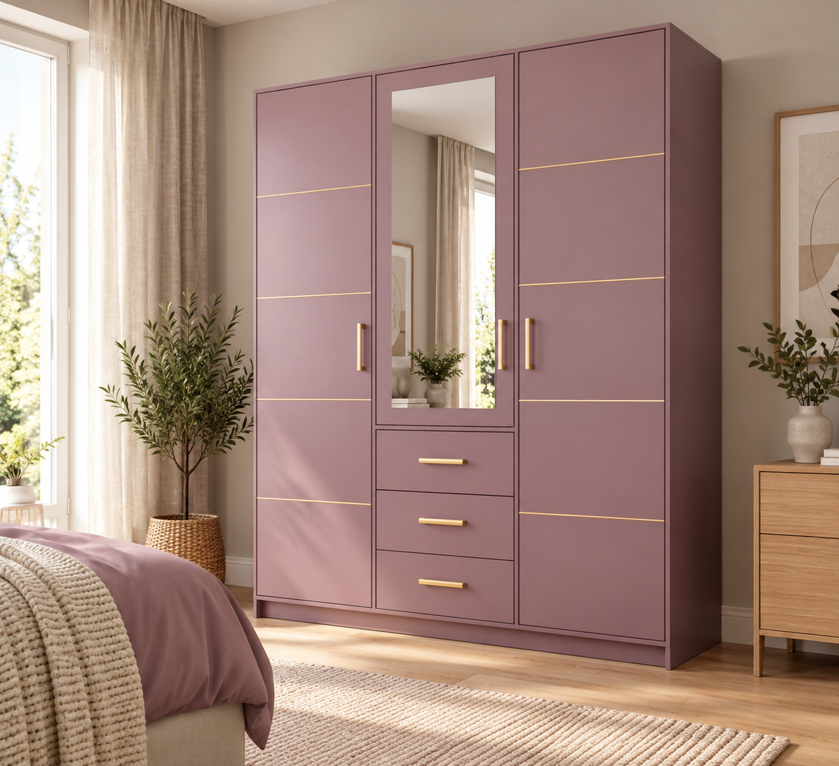 Bali II D3 Hinged Mirrored Door Wardrobe 147cm in Plum