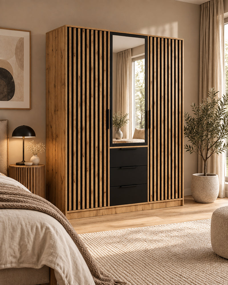 Bali Lux D3 Hinged Door Wardrobe in Oak Wotan and Black Matt