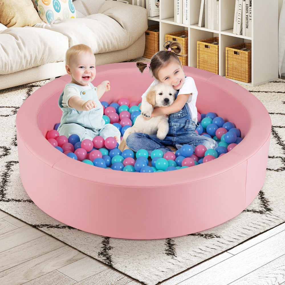 Two children and a puppy playing in the pink foam ball pit