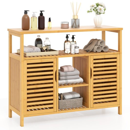 Bamboo Bathroom Cabinet 2-Door Storage Organizer with Shelves, a natural wood unit with slatted doors and open shelving