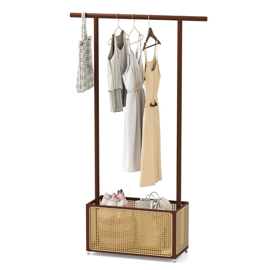 Bamboo Clothes Rack 2-In-1 Clothing Hanging Rail with hanging clothes and shoes in a woven basket