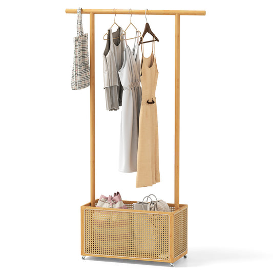 Bamboo Clothes Rack 2-In-1 Clothing Hanging Rail with a woven storage basket at the base and clothes hanging on the rail