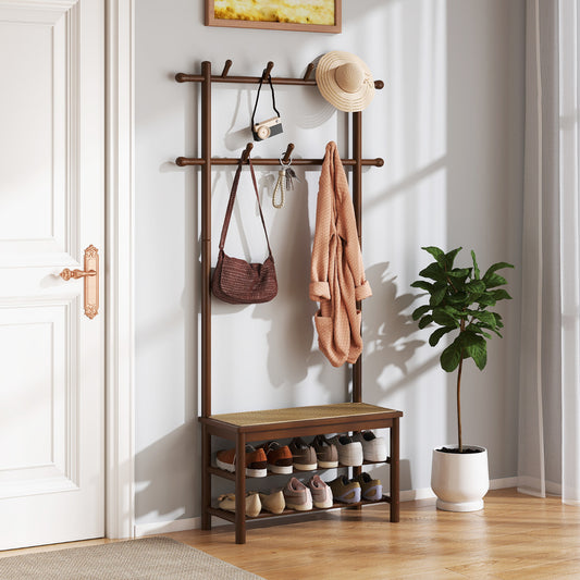 The hall tree standing in a bright hallway with clothes and shoes on display