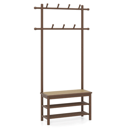 Bamboo Coat Rack PE Rattan Hall Tree with a bench and two shoe storage shelves
