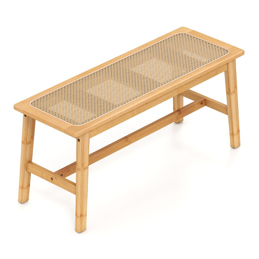 Bamboo Entryway Dining Bench with Handwoven Rattan Seat, a natural bamboo bench with a woven rattan seat