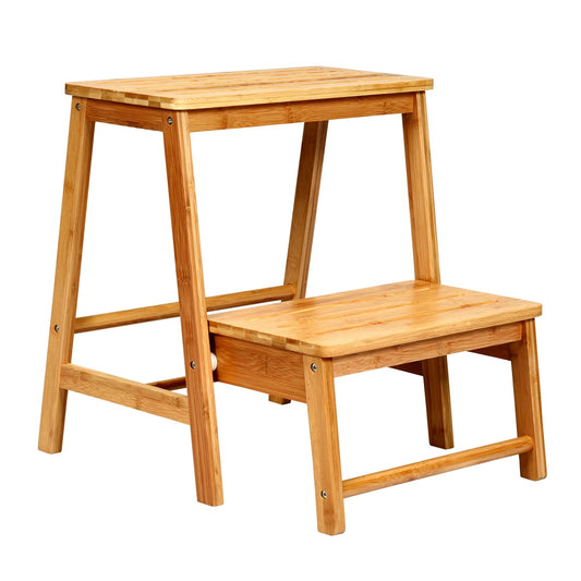 Bamboo Footstool with 2 Steps, a wooden step stool with two tiers and a natural finish