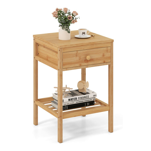 Bamboo Nightstand Bedside Table with a drawer and lower shelf holding books and decor items