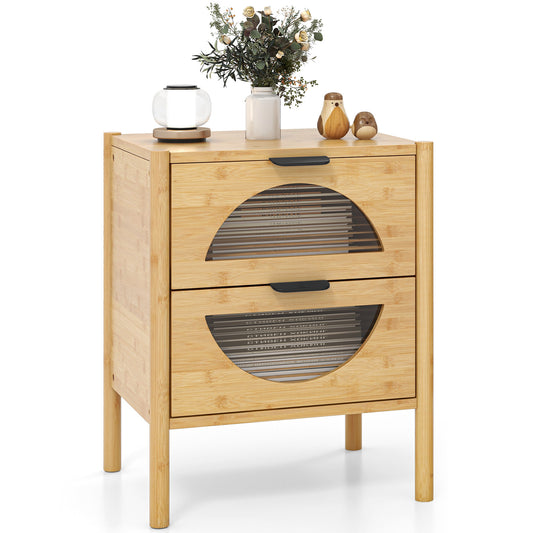 Bamboo Nightstand Mid-century Modern Bedside Table with 2 Storage Drawers-Natural