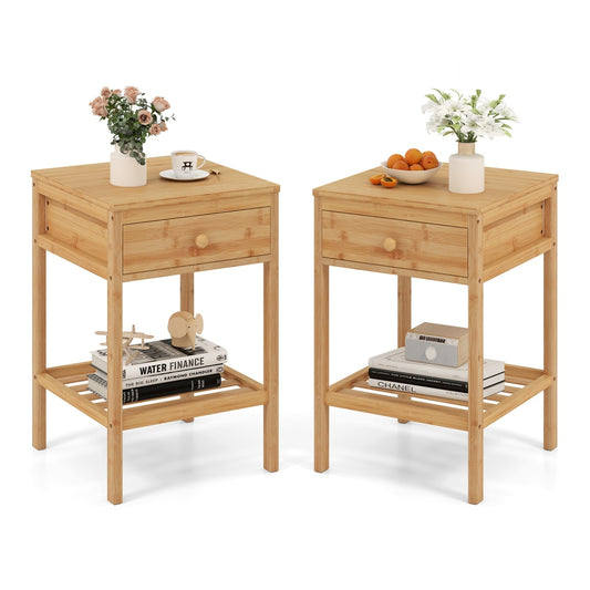 Bamboo Nightstand Set of 2 displayed side by side with decorative items on top and bottom shelves