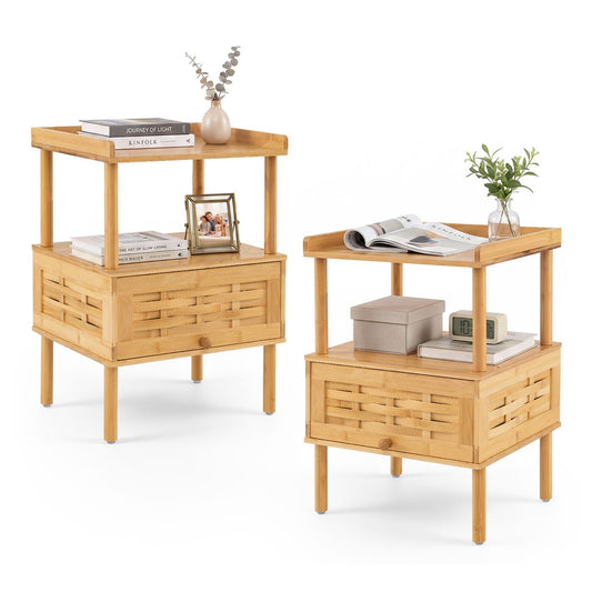 Bamboo Rattan Nightstand with a flip-up door and open shelf