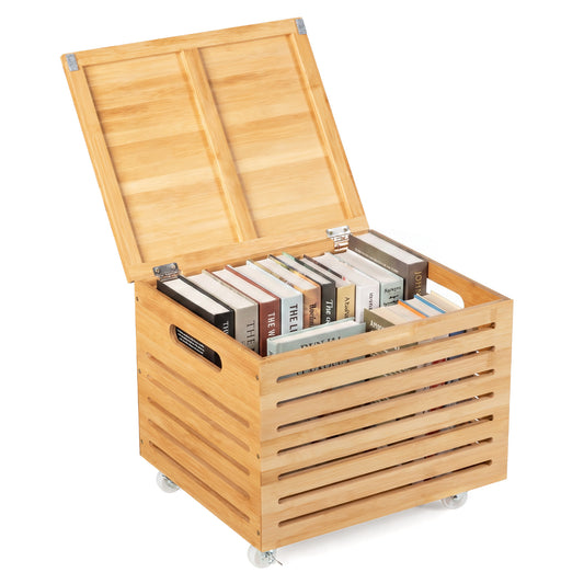 Bamboo rolling storage box with lid open, filled with books