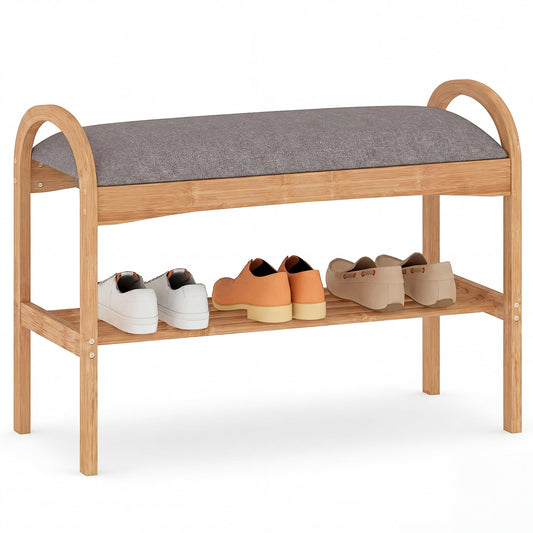 Bamboo Shoe Bench with Padded Cushion for Entrance Hallway showing shoes on the bottom shelf