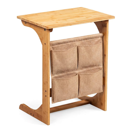 Bamboo Side Table with four fabric pockets on the side and a natural wood finish