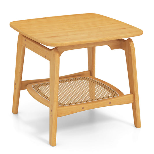 Bamboo sofa side table with faux rattan storage shelf, a natural wood finish and a lower shelf
