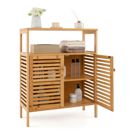 Bamboo Storage Cabinet with Double Louvered Doors with one door open showing interior shelves