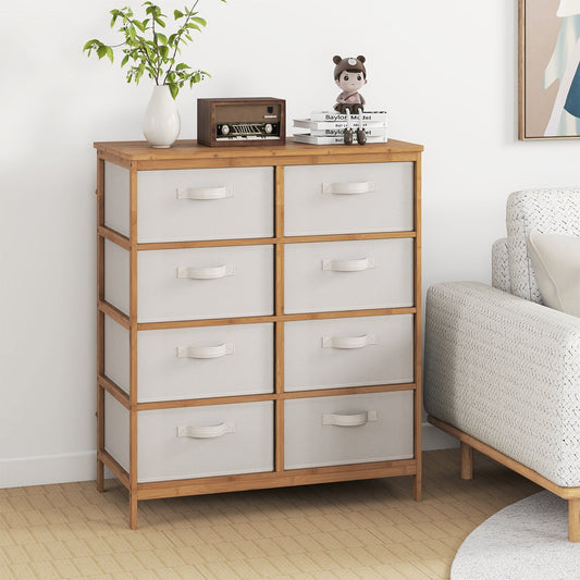 The bamboo storage tower with fabric drawers in a living room setting