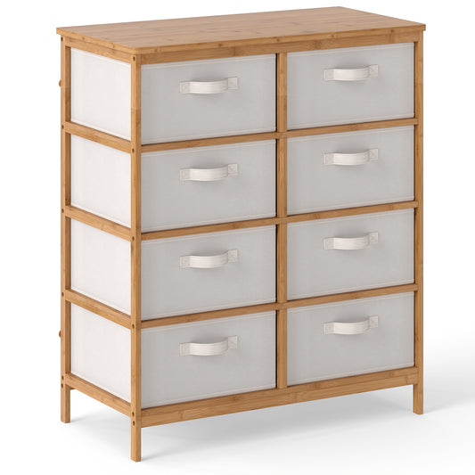 Bamboo Storage Tower with eight fabric drawers and a wooden top shelf