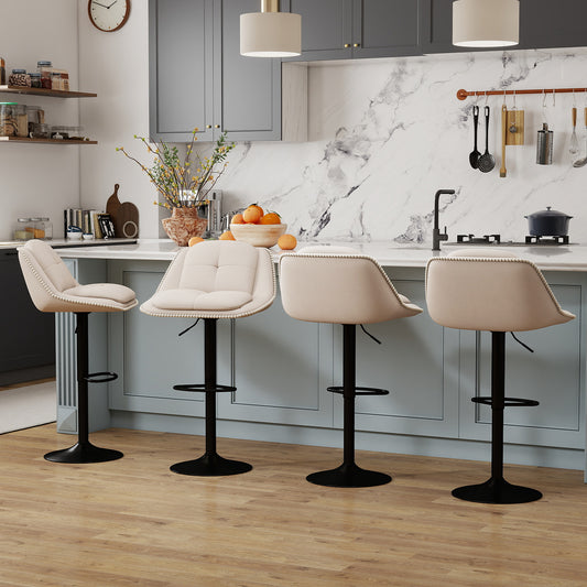 Four white chenille bar stools arranged in a modern kitchen setting
