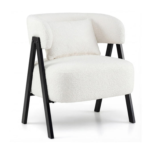 Barrel Accent Chair upholstered armchair with lumbar pillow in white fluffy fabric and black legs