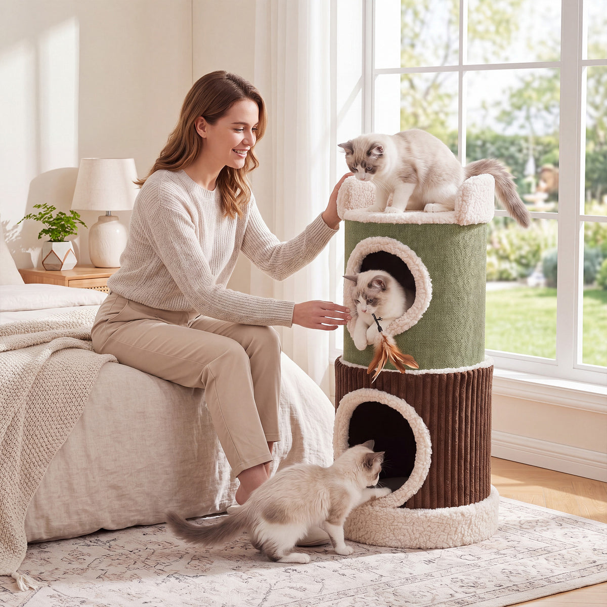 A woman interacting with cats on the barrel cat house in a bedroom